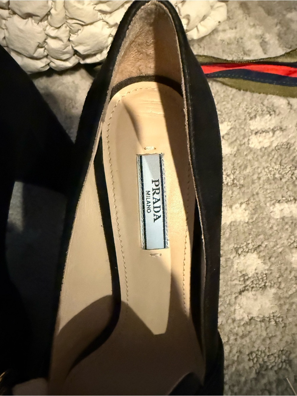 Prada Black Suede Gold-Chain Block Heel Loafers - Picture 2 of 3